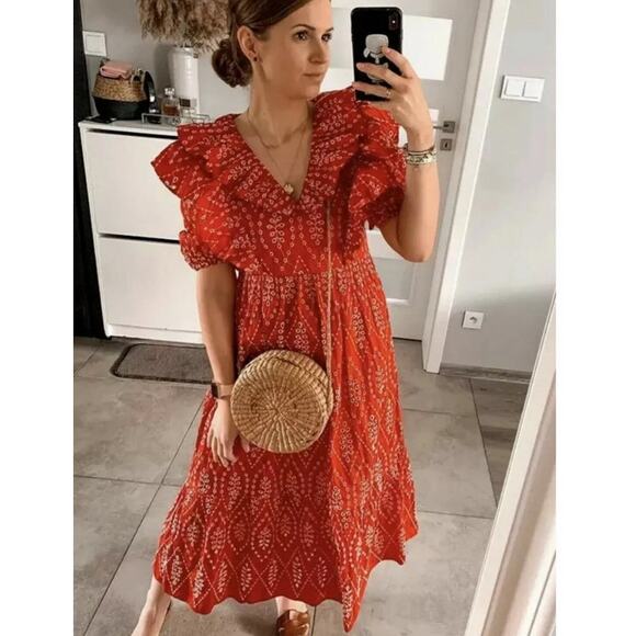 Zara Red Dress with Eyelet Embroidery Midi Length Size Small - Picture 12 of 16